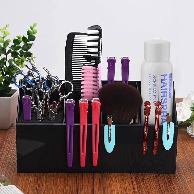Noverlife Hair Scissors Large Storage Box, Shear Holder for Hair Salon, Scissor Holder, Hairdressing Combs Clips Scissors Professional Hairdressing Combs, Clips, Brushes Storage Racks Tool Box - Black | Black Anti-skid Scissor Holder, Wall-mounted Prof...