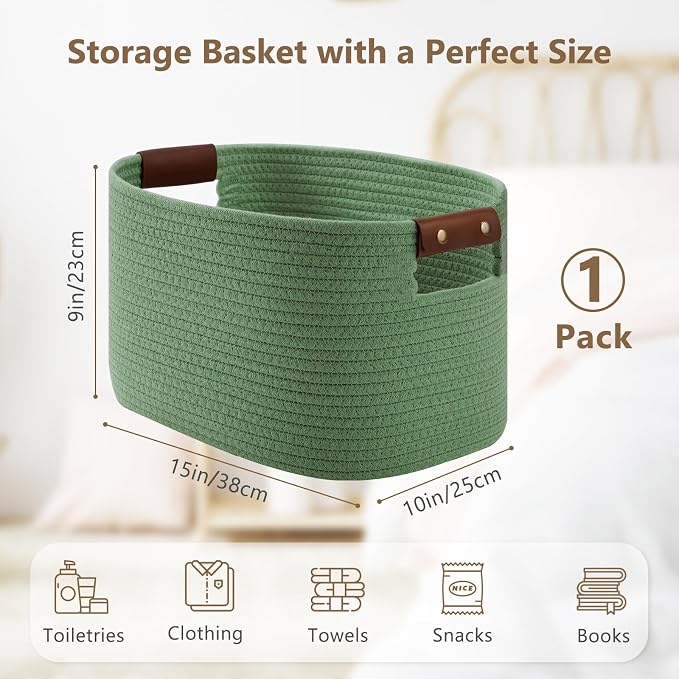 ECDYQXVU 15x10x9 Woven Cotton Rope Storage Basket, Leather Handles 1 Pack | Foldable Design, Sturdy PU Handles, Easy to Clean Organizer for Living Room, Closet, Shelves, Bedroom, Laundry, Clothes