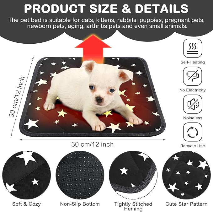 4 Pack Self Warming Cat Bed Self Heating Cat Mat Star Pattern Soft Dog Crate Pad Thermal Pet Mat Anti Slip Kennel Dog Washable Warming Bed for Outdoor Indoor(12 x 12 Inch,Black)