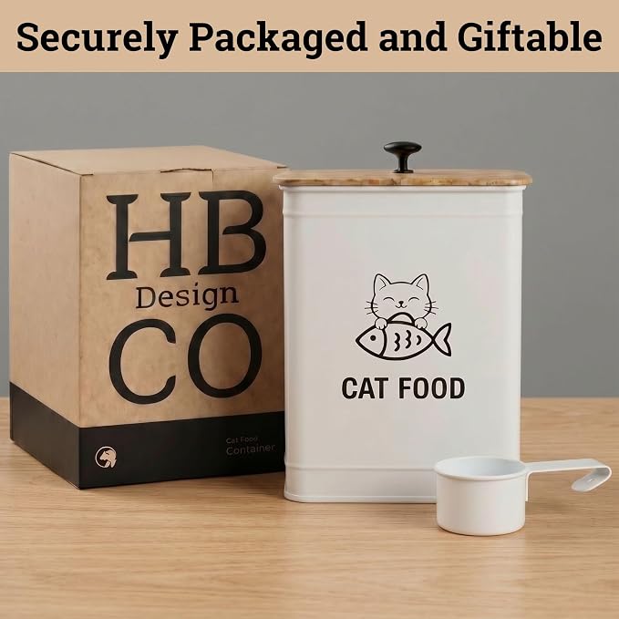 Metal Cat Food Container with Scoop 5-7 lb (25 Cup), w/ Airtight Bamboo Lid | Cat Kibble Canister with Metal Scoop, 25 Cups, Chew Proof Iron Body, Powder Coated, Airtight Bamboo Lid, Sturdy Metal Handle