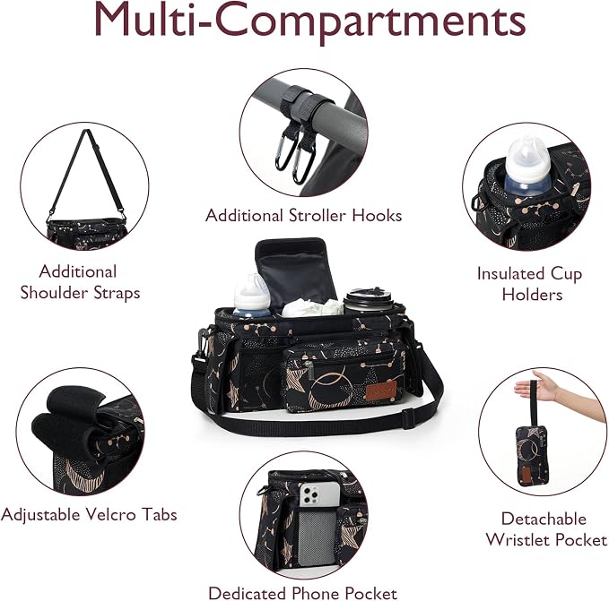Momcozy Universal Baby Stroller Organizer, 2 Insulated Cup Holder, Detachable Zippered Pocket, Adjustable Shoulder Strap, Large capacity for baby essentials, Compact Design Fits Any Strollers | Detachable Phone Bag and Shoulder Strap, Fits for Uppababy...