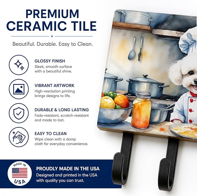 Caroline's Treasures Bichon Frise The Chef Leash or Key Holder Wall Hooks, Key Hooks Holder, Coat Rack Wall Mount, Coat Hooks, Hooks for Hanging Keys, Towels, Aprons, Leashes | Bichon Frise The Chef artwork on ceramic tile with three steel hooks for ke...