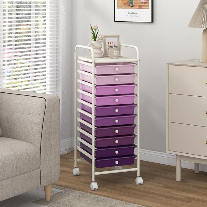 10 Drawer Rolling Storage Cart, Organization Cart on Drawers for Craft Makeup Paper Tool Art Supply, Versatile Utility Cart on Wheels for Home Office Classroom School (Gradient Purple)