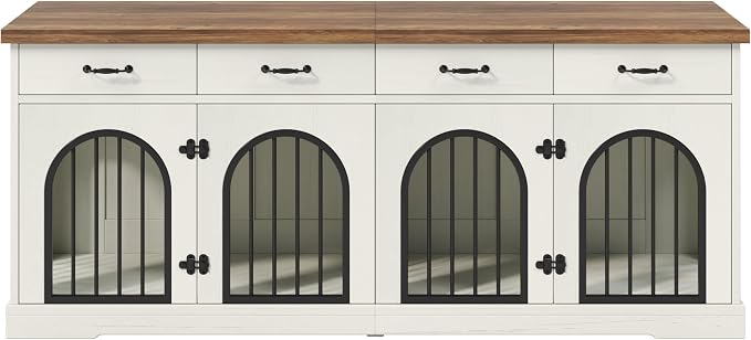 Merax 70.8" Large Dog Crate Furniture & TV Stand for 2 Dogs –Double Kennel with 4 Storage Drawers, Removable Divider & Arched Metal Doors –Wood Indoor Pet House for Medium/Large Breeds, Brown + White