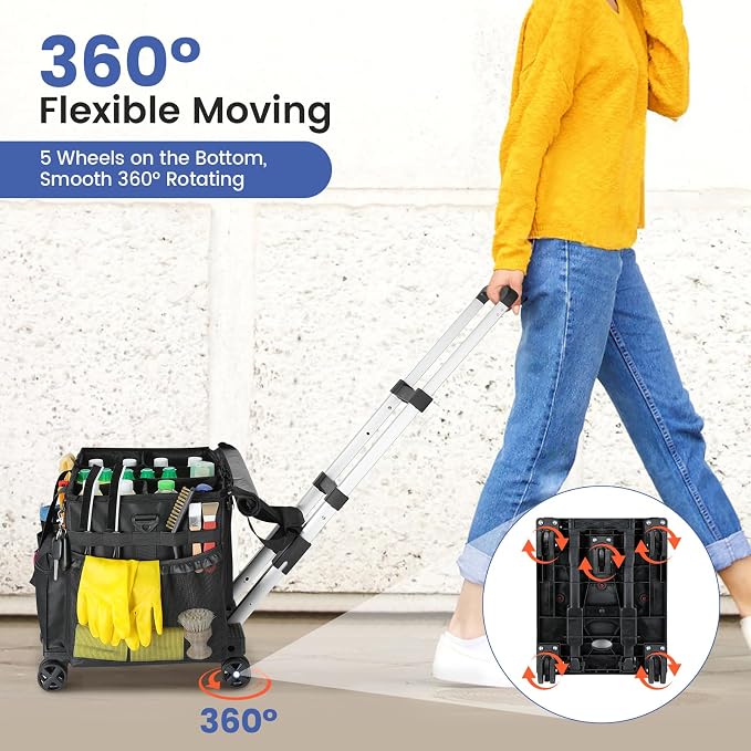 Housolution Extra Large Rolling Cleaning Caddy Bag with Wheels, Black | Upgrade 360° Free Rotating, Detachable Trolley & Dust-Proof Lid, High load Bearing & Waterproof