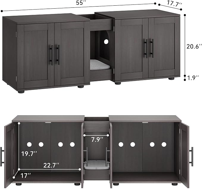 55" Cat Litter Box Enclosure Furniture, Wooden Hidden Litter Box Cabinet with Barn Door & Double Rooms, 3 in 1 Large Cat Litter Cabinet Pet Furniture for Living Room & Bedroom