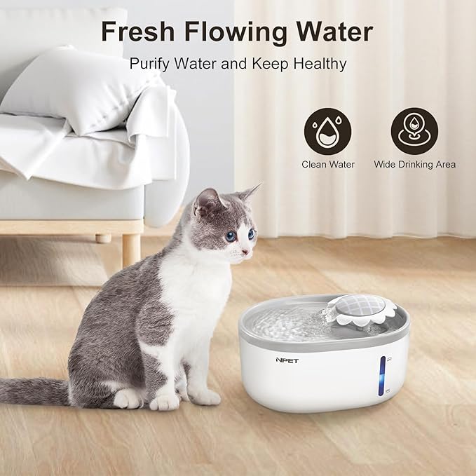 NPET Cat Water Fountain with Visible Water Level Window, White Grey 2L/67oz Automatic Pet Water Fountain with Quiet Pump, Dog Water Dispenser for Drinking (Inductor Model)