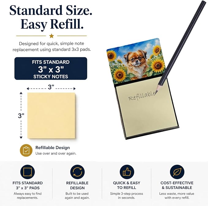Caroline's Treasures Tibetan Spaniel in Sunflowers Watercolor Sticky Note Holder Refillable Dispenser Desk Accessory 3x3 Pad Gift