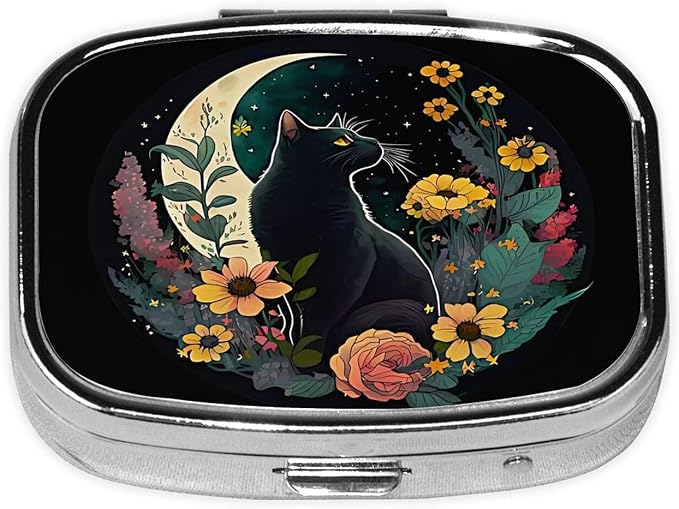ABLESKY Pill Box, 2 Compartment Pill Organizer Case for Pocket or Purse, Small Portable Metal Travel Medicine Box with Mirror, Daily Vitamins Fish Oil Container-Dark Night Moon Flower Cat