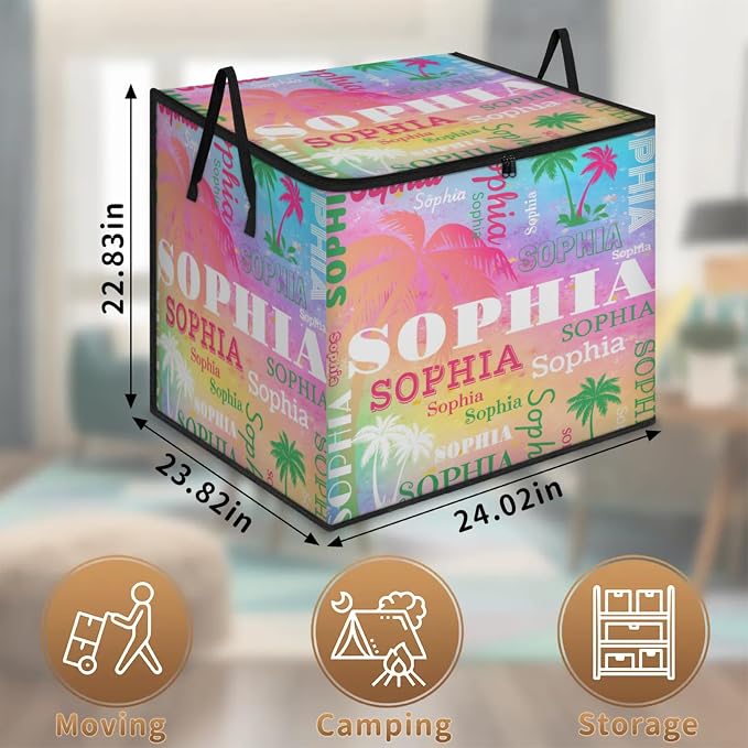 Custom Extra Large Storage Baskets Name with Lid, Green Pink Tropical Palm Tree Personalized Storage Bins Boxes Handles for Clothes Blanket Bedroom Closet Shelves, Painted Blue Pink Background