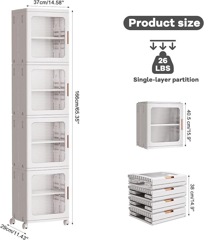 4-Tier Tall Narrow Plastic Storage Cabinet, Foldable | Rolling Organizer with Lid,4 Doors,2 Adjustable Shelves,Stackable,Durable PP,Freestanding Bathroom Cabinet for Slim Space