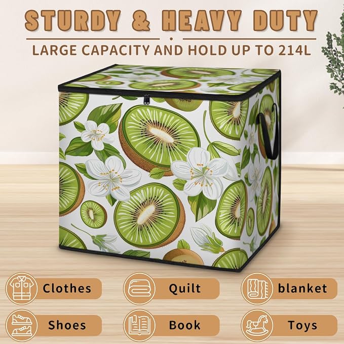 Kiwi Fruit Large Storage Bags, Fabric Bed Storage Containers, Foldable Closet Organizers for Blanket, Clothing, Comforter, Bedding, Fresh Kiwi Fruit