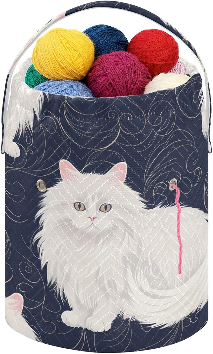 Fustylead Cute White Persian Cat on Dark Background Large Yarn Storage Tote Basket, Knitting Crochet Drawstring Organizer Bag for Crocheting Project, Yarn Balls, Needles Accessories