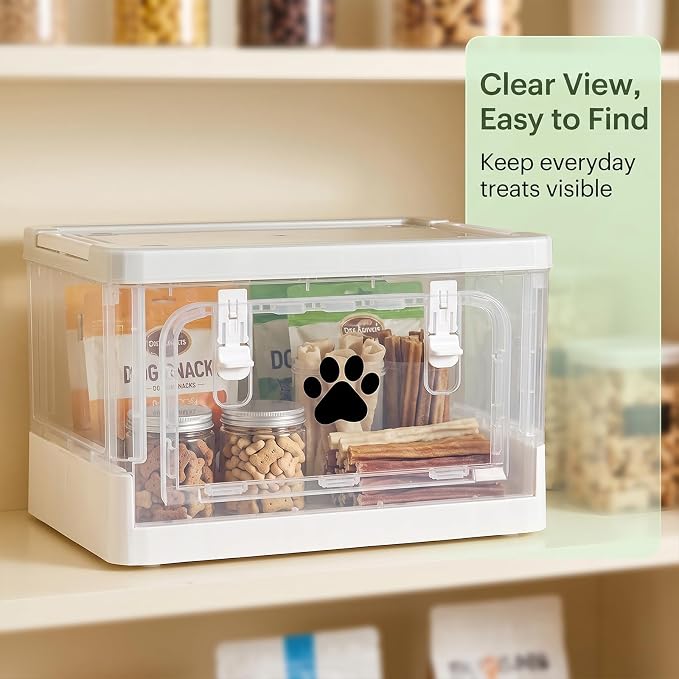 Collapsible Dog Storage Organizer, Clear Dog Treat Container with Cover, Plastic Pet Stuff Organizer with Front Opening Door, Ideal for Organizing Dog Cat Snack, Toys, Supplements, Can Food