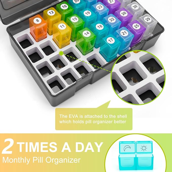 Monthly Pill Organizer 2 Times a Day,30 Day Pill Organizer 2X a Day,Pill Boxes and Organizer 2 Times a Day with Travel Case,Month Pill Box Organizer with 32 Daily Compartments,Moth Pill Box Am Pm