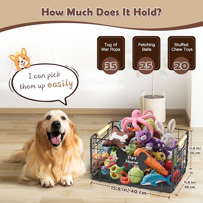 Dog Toy Basket, Foldable Metal Dog Toy Bin 15.8''×11.8''×11.8'' | Chew-Proof Basket with Handles, Pet Stuff Storage Organizer Box, Marker Pen, Portable Puppy Toys Basket for Living Room