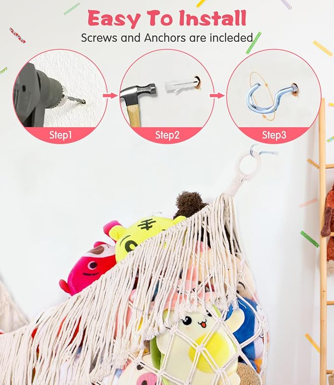 Stuffed Animal Hammock - Extra Large 63'' Long (Cream White) | Premium Cotton Hand-knitted, Beautiful Long Tassel, Storage Hanging Organizer, Can Fit Stuffed Animals 40 Piece or More