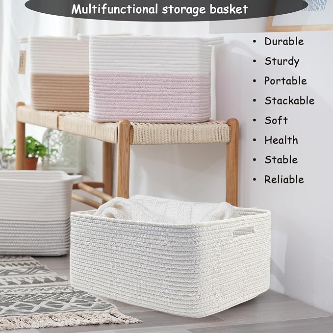 COMFY-HOMI Cotton Rope Woven Basket with Handles for Shelves,Toys,Book, Cloth Storage Baskets Bin for Organizing- 1 PCSToy Decorative Organizer for Living Room, Bathroom 17" x 13" x 7.5"