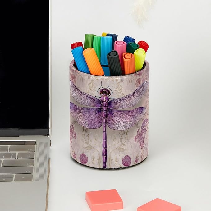 Dragonfly and Flower Pen Holder, Pencil Cup Marker Brush Holder Desk Storage Case, Desktop Organizer for School Office Home Supplies