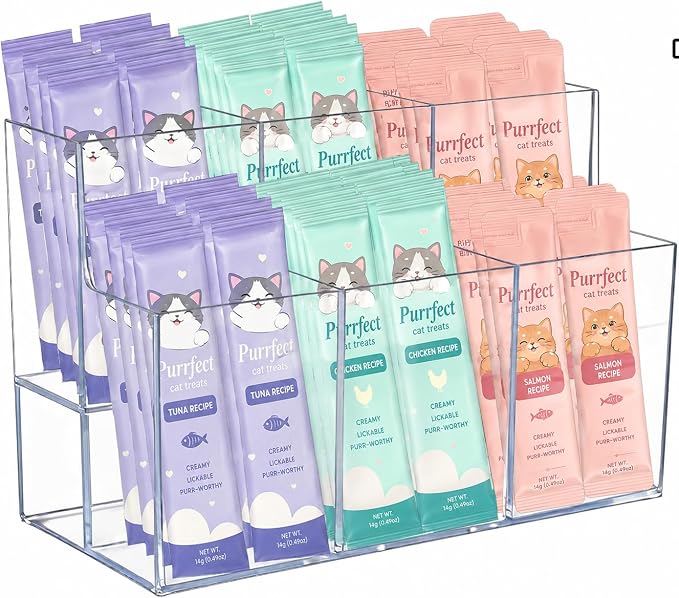 Lickable Cat Treats Organizer, Clear Acrylic Squeeze Up Storage Rack with 6 Compartments, Puree Tube Holder for Kitchen Pantry Cabinet Shelf Countertop