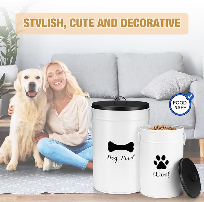 DoubleFill Extra Large 30+14 lb Metal Dog Food Storage Containers, White | Airtight Dog Treat Snack Jars with Lids and Spoon, Farmhouse Style Big Pet Cookie Storage Bin for Kitchen Counter, Set of 2