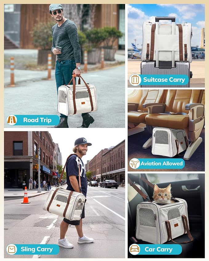 Morpilot Cat Carrier Soft for Large Medium Cats and Puppy up to 18lbs | Pet Carrier with Safety Zippers, Foldable Bowl, Airline Approved Large Dog Carrier - Beige