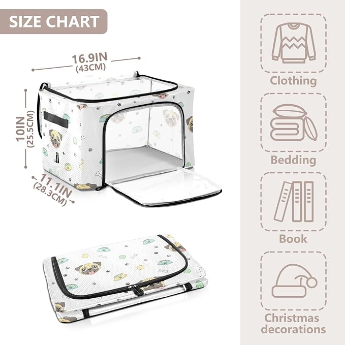 Pet Dog White pattern Under Bed Storage Containers with Double Zipper Openings, Foldable Clothes Storage Bins with Clear Window and Handles for Comforters Bedding Blankets