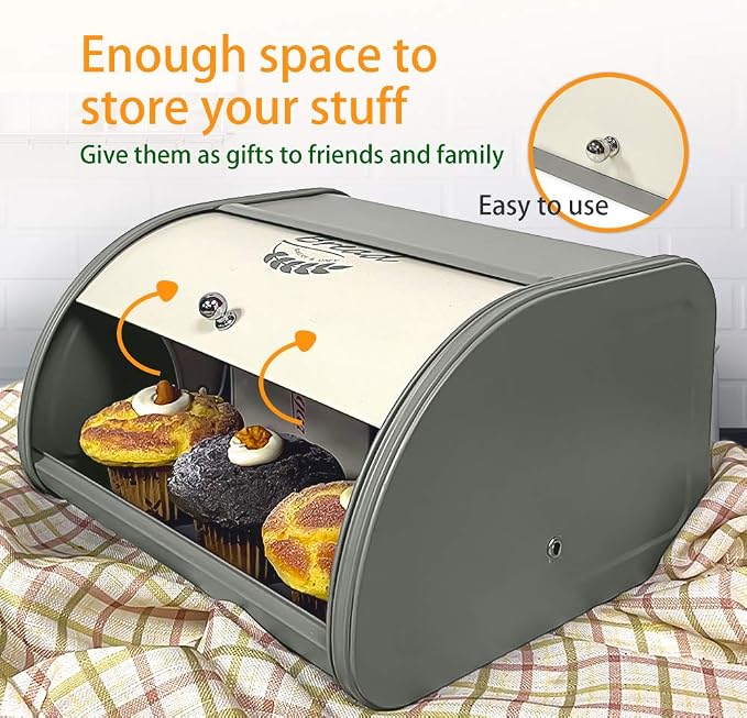 X458 Gray Bread Box Roll Top, Metal Bread Box for Kitchen Countertop, Large Space, Keeps Bakery Items Fresh Longer, Bread Bin for Kitchen Countertop, Breadbox to Store Cookies, Bagels, Muffins