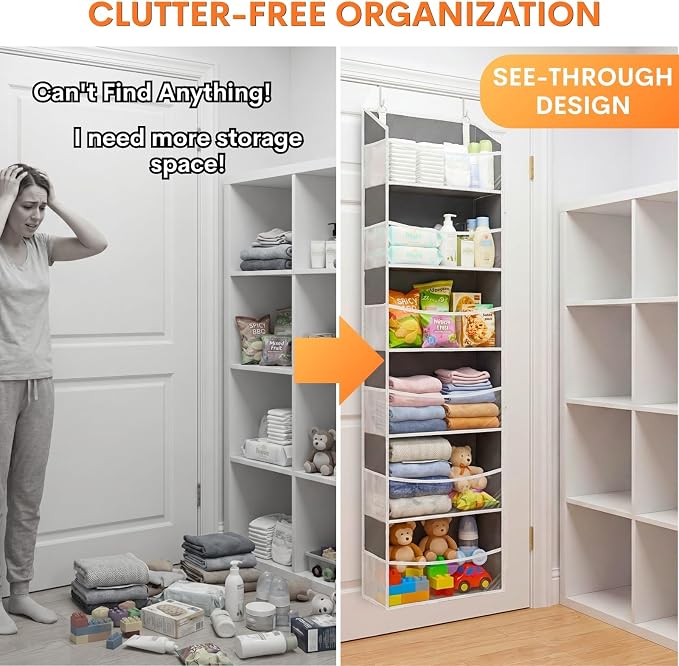 2 Pack Over Door Organizer with 6 Large Pockets | 6 Transparent Pockets & 12 Mesh Side, 80 lbs Weight Capacity Hanging Storage for Toys, Shoes, Diapers, Pantry