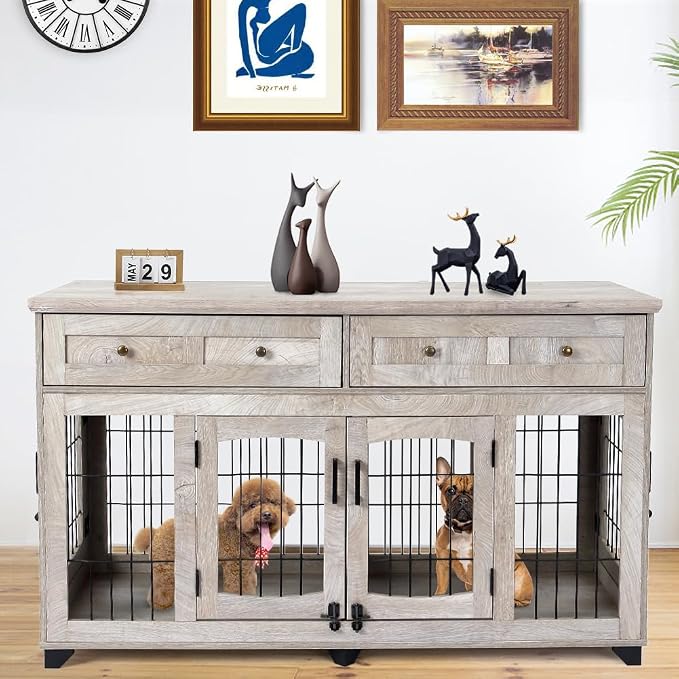 GarveeHome Large Dog Crate Furniture with 2 Drawers and Removable Divider | Two storage drawers, removable center divider, indoor housing for two medium large dogs