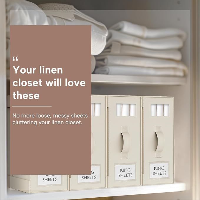 Bed Sheet Organizers and Storage, 6 Pack Foldable Linen Closet Organizer Box – Bedding Holder for Sheet Set (King/Queen Sizes), Duvet Covers, Blankets (Beige)