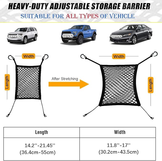 DYKESON Pet Barrier Dog Car Net Barrier with Auto Safety Mesh Organizer Baby Stretchable Storage Bag Universal for Cars, SUVs -Easy Install,Safer to Drive with Pets and Children, 2 Layer | Upgraded Pet Barrier With Stretchable Storage Bag Pouch，Auto Ba...