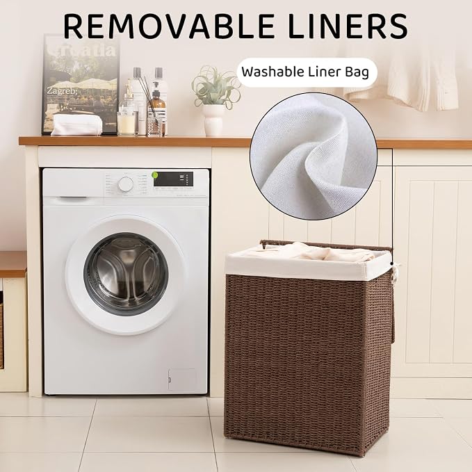OIAHOMY Laundry Hamper with Lid, 90L(23.8 Gal) Large Wicker Laundry Basket for Bedroom, Handwoven Paper Rope Clothes Hamper with Washable Liner & Metal Frame, Decorative Organizer for Bathroom Brown