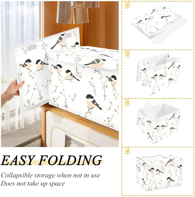 Cartoon Black - Capped Chickadee Birds White Storage Bin Storage Boxes For Organizing for Blanket Bedroom