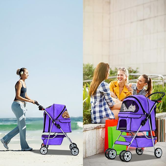 Best 4 Wheels Dog Cat Stroller, Lightweight & Foldable Pet Jogger, Carrier Strolling Cart W/Cup Holders Removable Liner - Purple
