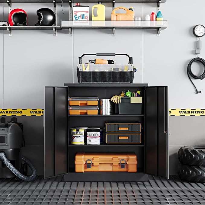 Metal Garage Storage Cabinet with 2 Doors and 2 Adjustable Shelves - 35.5" Steel Lockable File Counter Cabinet for Home Office,Garage,Gym,School（Black）