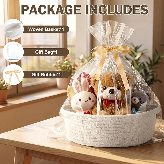 Basket for Gifts Empty, Small Woven Basket with Bags and Ribbons, Baby Toy Baskets with Handles, Wicker Storage Bin for Baby Showers or Pet Toy (Pure White, 1 Pack (12"x 8"x 3.74"))