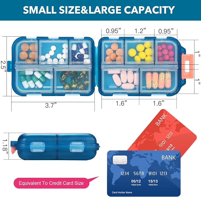 Travel Pill Organizer with 189 Medicine Labels, 10 Compartments Small Pill Case Compact and Portable Travel Pill Box for Airplane Car Purse Nurse Vacation Essentials (Green, 1 Pack)