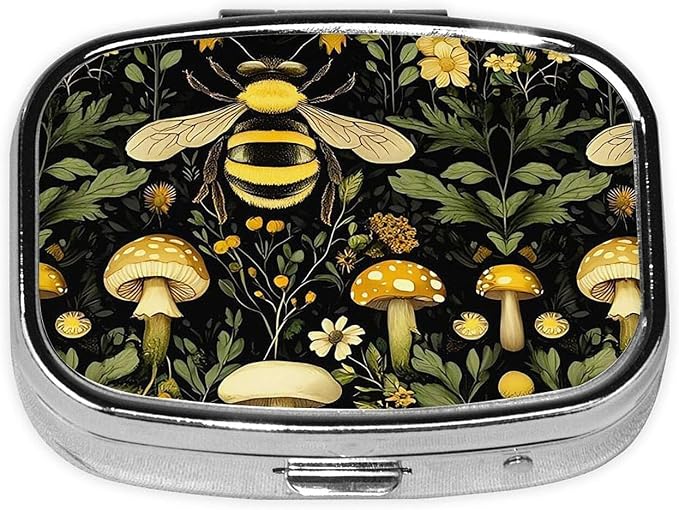 ABLESKY Pill Box, 2 Compartment Pill Organizer Case for Pocket or Purse, Small Portable Metal Travel Medicine Box with Mirror, Daily Vitamins Fish Oil Container-Bee Retro Beautiful Mushroom
