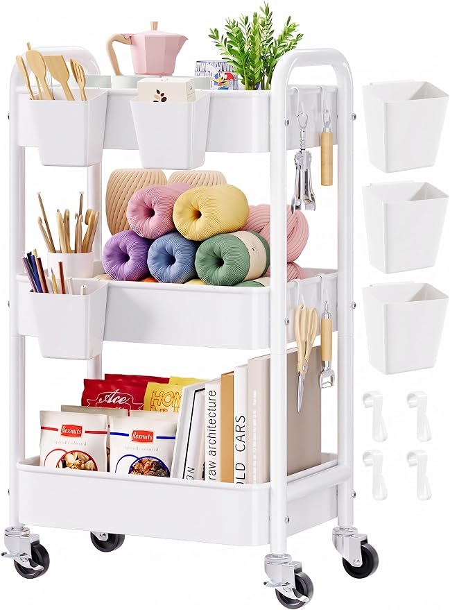 3 Tier Rolling Cart Metal with Wheels, White Three Tiered Craft Cart Organizer on Wheels, Storage Utility Carts for Art, Baby Nursery,Diaper Caddy, Cleaning Supplies, Nail,Lash,Snack,Book,Roller Shelf