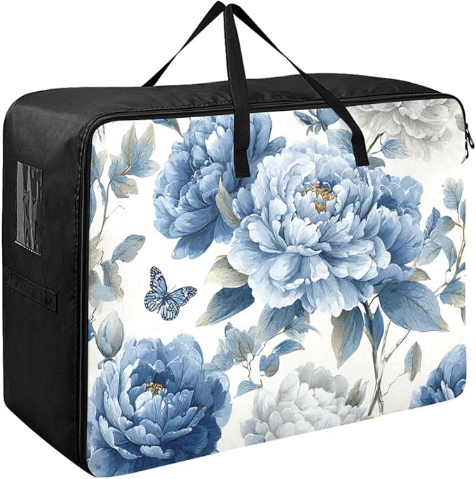 Comforter Storage Bags Large Folding Blanket Organizer Bag with Strong Handles Clear Window Closet Storage Containers for Clothes King Queen Pillows Bedding Quilt Duvet Butterfly Peony Flower B