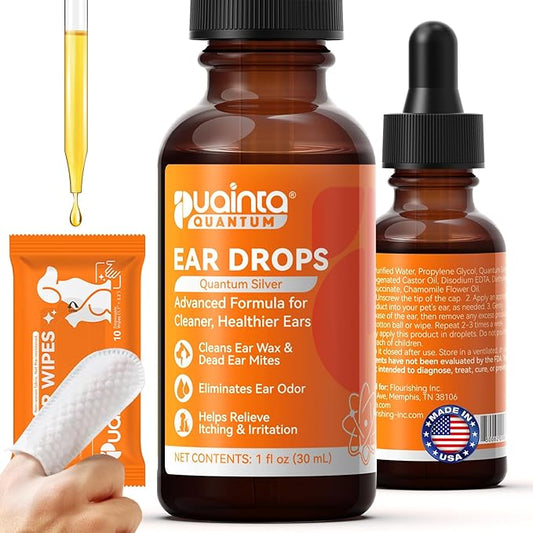 PUAINTA Dog Ear Drops with Finger Cots, Natural Dog Ear Cleaner and Infection Treatment, Quantum Silver Dog Ear Cleaning Solution for Itching, Irritation & Wax Build-Up,1oz