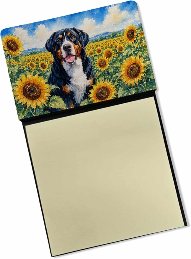 Caroline's Treasures Greater Swiss Mountain Dog in Sunflowers Watercolor Sticky Note Holder Refillable Dispenser Desk Accessory 3x3 Pad Gift