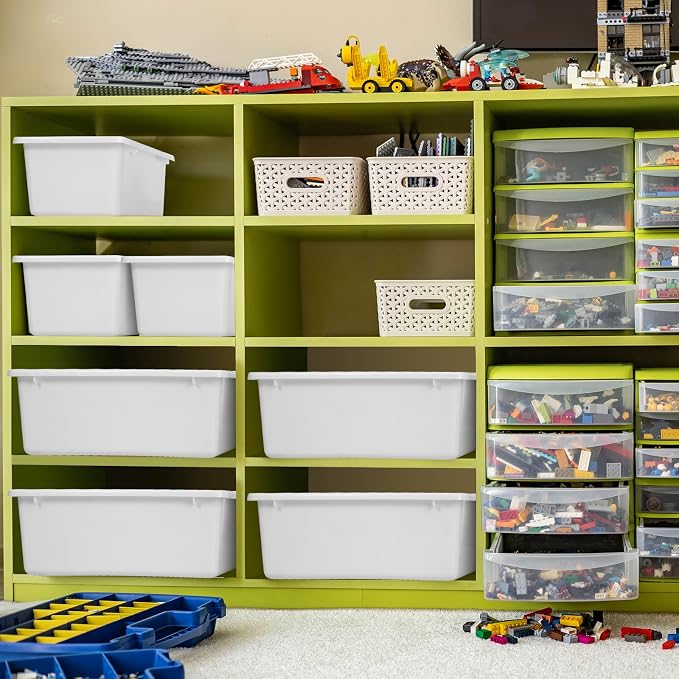Zonon 12 Pcs Plastic Cubby Bins Office Storage Container Storage Bins Plastic Organization with 1 Pack Self Adhesive Label for Library Office Home Nursery(White)