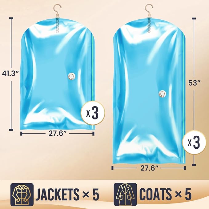 TAILI Hanging Vacuum Storage Bags for Clothes Space Saver 6 Combo Blue | Vacuum Seal Bags for Clothing Travel, Winter Clothes Storage Closet Organizers, Garment, Coats, Suits and Jackets