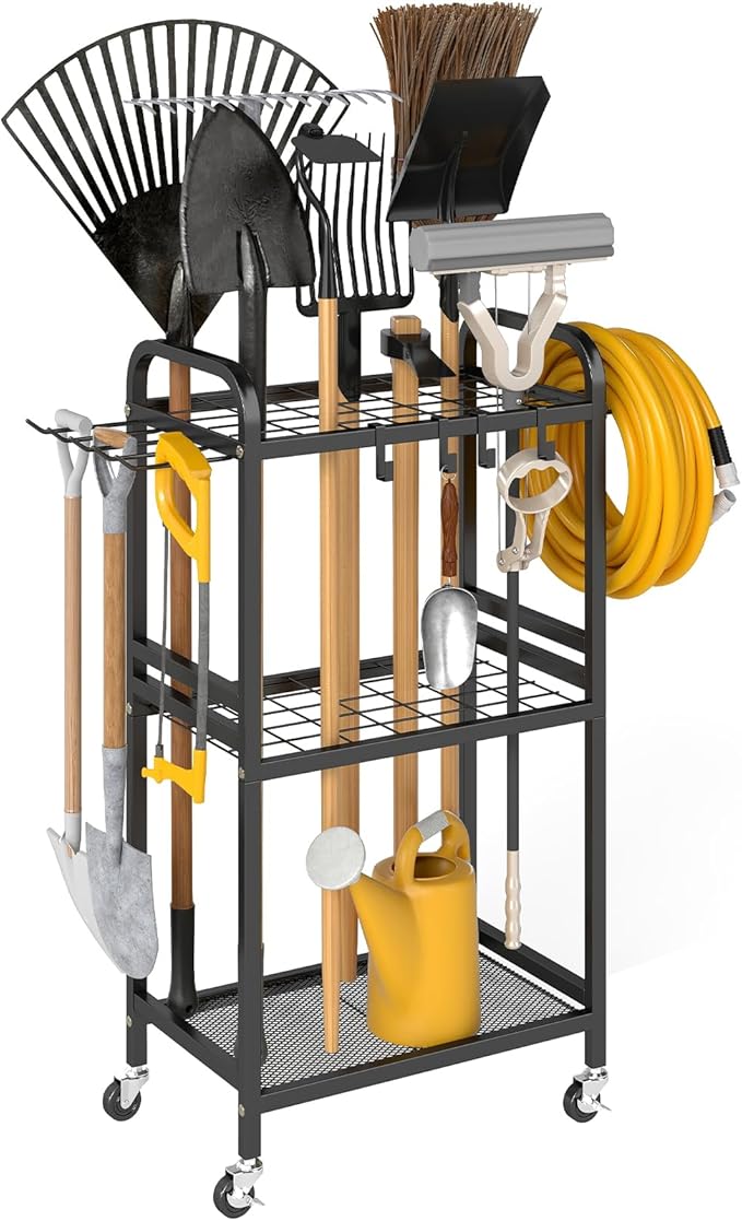 Hadulcet Garden Tool Organizer, Metal Garage Organization and Storage with Lockable Wheels, Garden Tool Rack with Storage Hooks, Heavy Duty Yard Tool Organizer for Garage, Shed, Lawn, Outdoor, Black