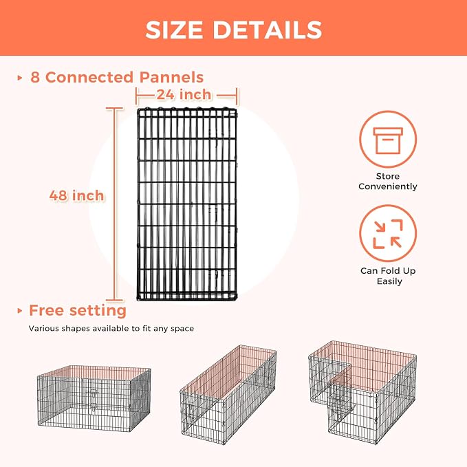 48" H Dog Playpen, 8 Panels Foldable Metal Pet Exercise Pen NO Door | Pet Dog Fence for Medium-Large Dogs, Indoor/Outdoor Use Metal Playpen, Portable Fence for Yard Garden Camping, Black