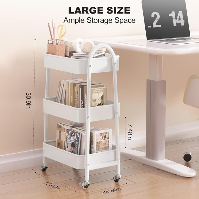 3 Tier Rolling Cart Under Desk, Large Metal Storage Cart with Handle and Lockable Wheels, Big Multifunctional Storage Organizer Trolley for Kitchen, Living Room, Office, Garage (White)