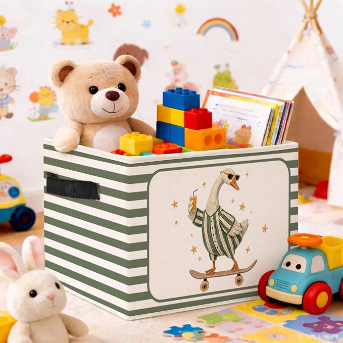 Skateboard Goose Storage Bin, Foldable Fabric Basket for Kids Room | Foldable fabric storage bin with funny goose design for toys, books, clothes, nursery, bedroom, and playroom use.