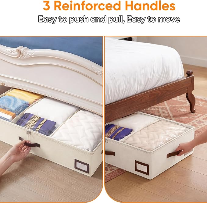 OIAHOMY 2 Pack 53L Under Bed Storage with Adjustable Dividers, 6" Low Profile Underbed Storage Bins for Comforters & Clothes, Save Closet Space with Clear View Lid & Reinforced Handles, Beige